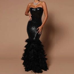 Black Sequin Dresses Women Lady Elegant Party Evening Corset Luxury with Feathers