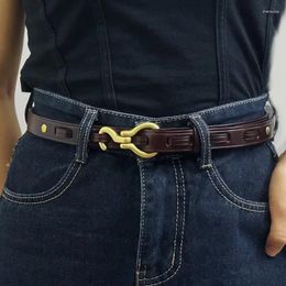 Belts 2.0cm Genuine Leather Belt For Women Top Grain Handmade With Solid Brass Hook Women's Trendy Thin Waistband 4mm Thick