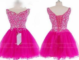 Pink Short Tulle Party Prom Homecoming Dresses Real Po V neck Corset Back Rhinestones Beaded Pleated Graduation Cocktail dr5233639