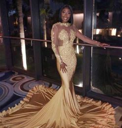 Gold Mermaid Prom Dresses Long Sleeve Beads Appliques Long Vestidos Prom Evening Gowns Plus Size Party Wear5943488