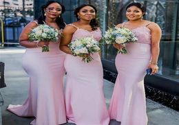 Romantic Pink Mermaid Bridesmaid Dresses Plus Size African Girls Spaghetti Straps Appliqued Top Long Maid of Honour Gowns Wedding G6182122