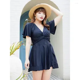 Women's Swimwear Ladies Korea Big Size V-neck Swimsuit Women One-piece A Line Dress Conservative Rash Guard Beach Wear