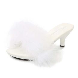 Dress Shoes Solid Color Feather Fairy Slippers Summer Transparent Sandals Thin High Heels Sexy Fur Crystal 6cm Low Heel Derss WomenGHON H240321
