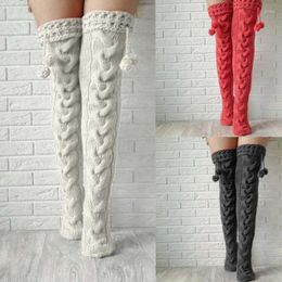 Women Socks Winter Chunky Cable Knit Thigh High Plush Ball Bowknot Over Knee For Extra Long Stockings Boot Cover Solid Leg