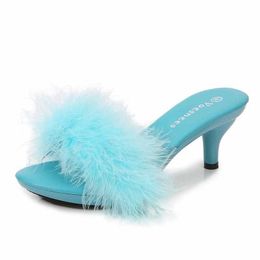 Dress Shoes Solid Color Feather Fairy Slippers Summer Transparent Sandals Thin High Heels Sexy Fur Crystal 6cm Low Heel Derss WomenZ7V2 H240321