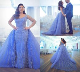 2020 Arabic Evening Dresses With Detachable Train V Neck Lace Appliques Beading Long Sleeve Sheath Prom Dress Party Plus Size Wome5588078