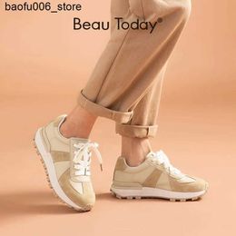 Casual Shoes BeauToday casual sports womens suede leather patch work Colour lace round toe platform shoes womens apartment handmade 29130 Q240320