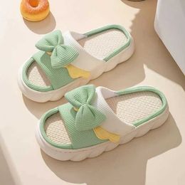 Slippers Linen slider womens indoor comfortable anti slip cotton shoes cute bow flat couple spring and summer H240325