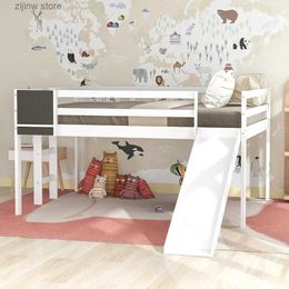 Other Bedding Supplies Full size lift bed with slide low lift bed frame with ladder wooden bed frame for boys and girls white Y24