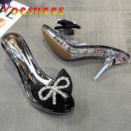 Dress Shoes Rhinestone Fairy Wind Slippers Sweet Crystal Butterfly-Knot Women ShoesTemperament Transparent Slides High Heels Wedding Sandals H240325