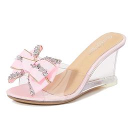 Dress Shoes 2022 Women 8CM High Heels Slides Summer Glitter Bow Sandals Low Crystal Slippers Transparent Wedges Party Diamond H2403251