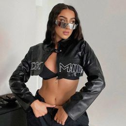 Letter Print Jacket Cut Buckle Zipper Stitching Crop PU Leather Moto Short Coat Autumn Sweatshirt Street Outwear 240312