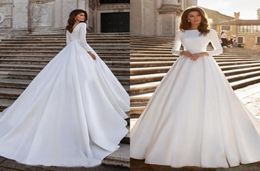 New Aline Wedding Dress Ivory Satin Elegant Long Sleeve Backless Lace Appliques Bride Gowns Abito Da Sposa 2023 vestidos de noiva3125512