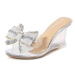 Dress Shoes 2022 Women 8CM High Heels Slides Summer Glitter Bow Sandals Low Crystal Slippers Transparent Wedges Party Diamond H240325