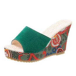 Slippers New Summer Women Sandals Open Toe Shoes Ladies High Heel Thick Bottom Casual Wedge Retro Ethnic Style Print H24032501