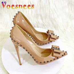 Dress Shoes Fashion Rivet High Heels 12CM Stiletto Pointed Toe Ladies Shallow Mouth Single Naked Colour Bow-knot Womens Pumps H240325
