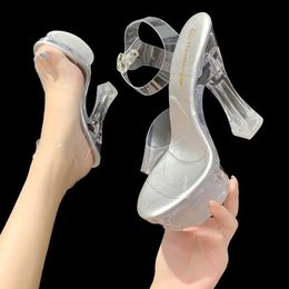 Dress Shoes Women Sandals Female Model T Station Catwalk Sexy Crystal Transparent 14CM High Heels Waterproof Square Heel H240321KJUTB6VS