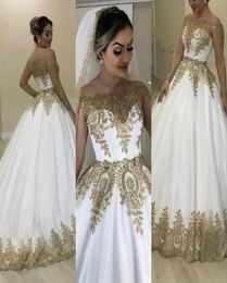 2021 Luxury Bling Dubai White Gold Wedding Dresses Bridal Formal Gowns Sheer Long Sleeves Off Shoulder Bateau Neck Appliqued Spark9076536