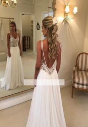 Elegant A Line Beach Wedding Dresses 2020 New Lace Applique V Neck Backless Chiffon Bridal Gowns Cheap Custom Made 7485051068