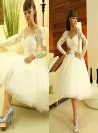 2019 Lace Short A Line Wedding Dresses Long Sleeves Square Neck Bridal Gowns Summer Party Dress for Bride6115954