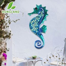 Metal Blue Mosaic Seahorse Wall Decor for Garden Decorations Outdoor Sculpture Statue of Patio Yard Living Room 240314