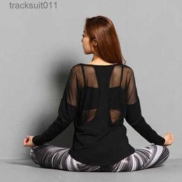 Active Sets Black Modal Yoga Shirt Sexy Back Mesh Long sleeved Sports T-shirt Womens Gym Exercise Top Loose U-neck Breathable Fitness ClothesC24320