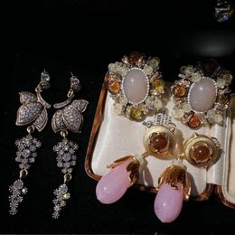 Dangle Earrings Women Glass Beaded Vintage 18K Gold-plated Semi-butterfly Zirconia Tassel
