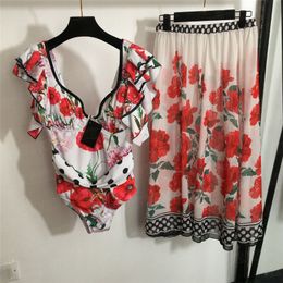 Ruffled Bodysuit Swimwear Dress Sets For Women Rose Print Skirts Deep V Sexy One Piece T Shirt Tops Vacation Two Piece
