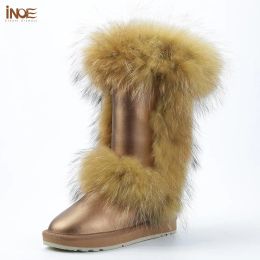 Boots INOE Fashion Knee High Real Raccoon Fox Fur Winter Boots for Women Snow Boots Keep Warm Shoes Cow Leather Black Brown