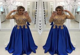 Sexy Royal Blue With Gold Lace Beads Evening Dresses Caftan Formal Gowns Illusion Long Sleeves Sequins Satin Prom Pageant Dress pl8202095