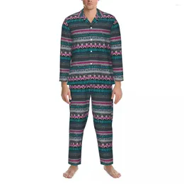 Men's Sleepwear Floral Tribal Print Autumn Grey Blue Loose Oversize Pyjama Sets Men Long Sleeves Comfortable Home Custom Nightwear