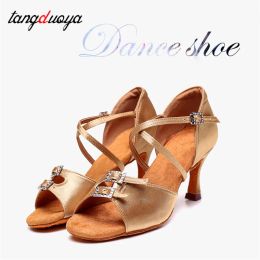 Boots New Silk Latin Dance Shoes Women Ballroom High Heel Dance Shoes Soft Sole Tango Salsa Party Shoes for Ladies Girl Sandals 5/7cm