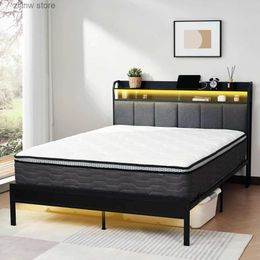 Other Bedding Supplies Double bed frame with LED light top plate double size heavy-duty metal mixed bed frame base sturdy decorative wood Y240320
