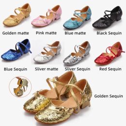 shoes Glitter Bow Closed Toe Latin Dance Shoes Kids Girls Children Women Ballrrom Tango Low Heels 3.5CM Dancing For Ladies Salsa Shoes