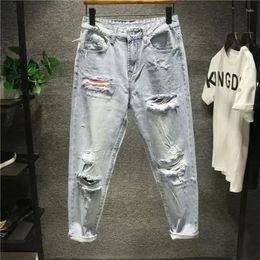 Men's Jeans For Men With Holes Light Blue Male Cowboy Pants Trousers Cropped Tapered Torn Broken Ripped Wide Leg Loose Classic Stylish