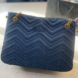 Women Fashion Medium Crossbody Designer Bag New Italy Brand Luxury Detachable Gold Chain Tote Bag High Quality Blue Colour Canvas V Shaped Shoulder Bag