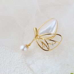 Jewelry Authentic 925 Sterling Silver Brooch 18K Gold Plated Butterfly Inlaid Natural Freshwater Pearl Shellfish Trendy Jewelry Gift