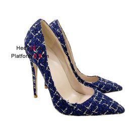 Dress Shoes Fashion Costume Tweed Women Autumn New Blue Plaid High Heels 10CM Pointed Toe Party Female Pumps Shallow Mouth Single Shoe6313 H240321