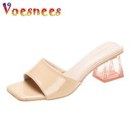 Dress Shoes Crystal Thick Heeled Slippers For Womens Summer 2023 New Sandals 6CM Naked Colour Party Minimalist Square Toe High Heels H240325