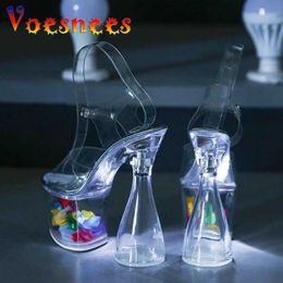 Dress Shoes Light Up Glowing Woman LED Luminous Clear Sandals Summer Petal Platform High Heel Transparent Club Party Round Heels H240321G48L