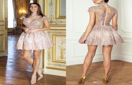 2020 Lovely Blush Pink Ball Gown Short Cocktail Dresses High Neck Short Sleeves With Sequin Beading See Through Middle East Homeco9124580