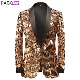 Mens Luxury Wave Striped Gold Sequin Blazer Jacket Shawl Lapel One Button Shiny Wedding Party Suit Jackets Dinner Tuxedo Blazer 240313