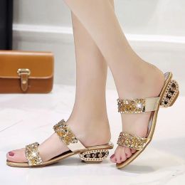 Boots Shining Sequin Slippers Women Summer Luxury Golden Square Heel Party Shoes Slides Woman Open Toe Med Heels Beach Shoes