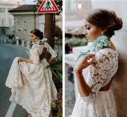 Rústico Bohemian Full Lace Open Back Vestidos de casamento com mangas Vintage Boho Beach Wedding Dress A Line Country Plus Size Bridal 5874583