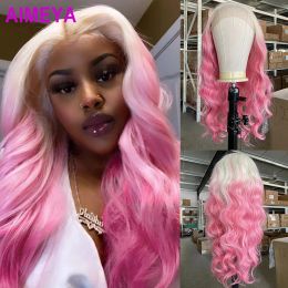 Wigs AIMEYA Ombre Pink Body Wave Lace Front Wigs for Women Middle Part Synthetic Natural Hairline Wig Daily Use Costume Party Wig