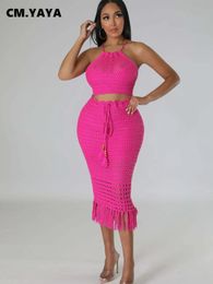 CM.YAYA Beach Knit See Though Women Two 2 Piece Set Outfits Halter Neck Crop Top and Tassel Midi Skirt Suit Dress Set 240314