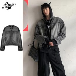 Men's Jackets Washed Denim Jacket Men Women American Vintage Cropped Cowboy Coat Hip Hop Loose Casual Motorcycle Unisex Zip-up Outwear