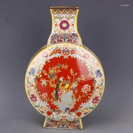 Bottles Chinese Red Enamel Porcelain Bird Flowers Circular Vase 10.2 Inch Home Decoration Ornaments