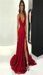 New Burgundy Evening Dress Lace High Split Backless Halter A Line Long Formal Dresses High Quality Cheap Evening Gown Gowns1593805