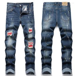 Men's Jeans Four Season Point Paint For Stretch Knee Hole Patch Denim Pants Men High Quality Trousers